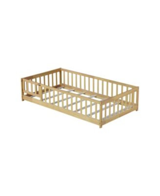 Twin Floor Bed with Fence & Door Natural Wood
