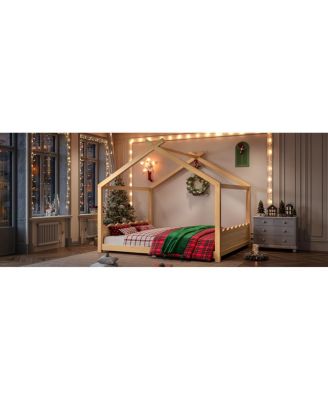 Streamdale Queen House Floor Bed with Solid Wood Frame for Kids, Natural