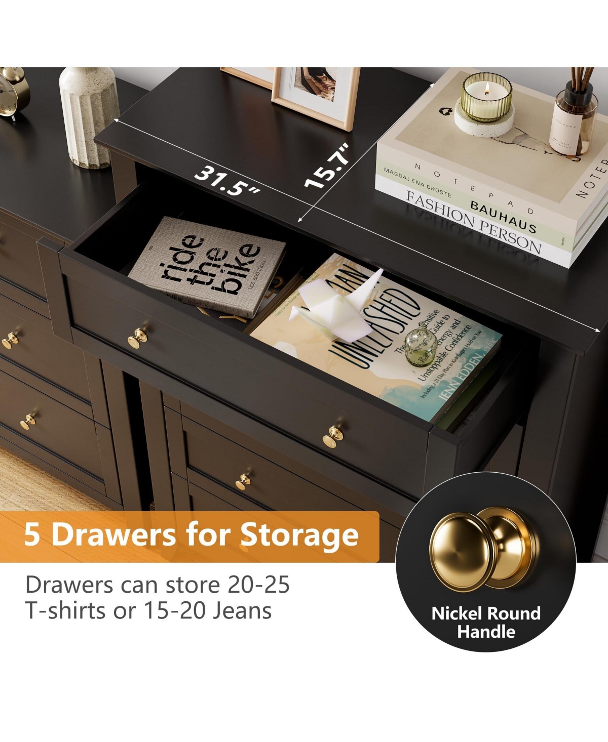 Gaomon 5 Drawer Dresser, Wooden Chest of Drawers for Office