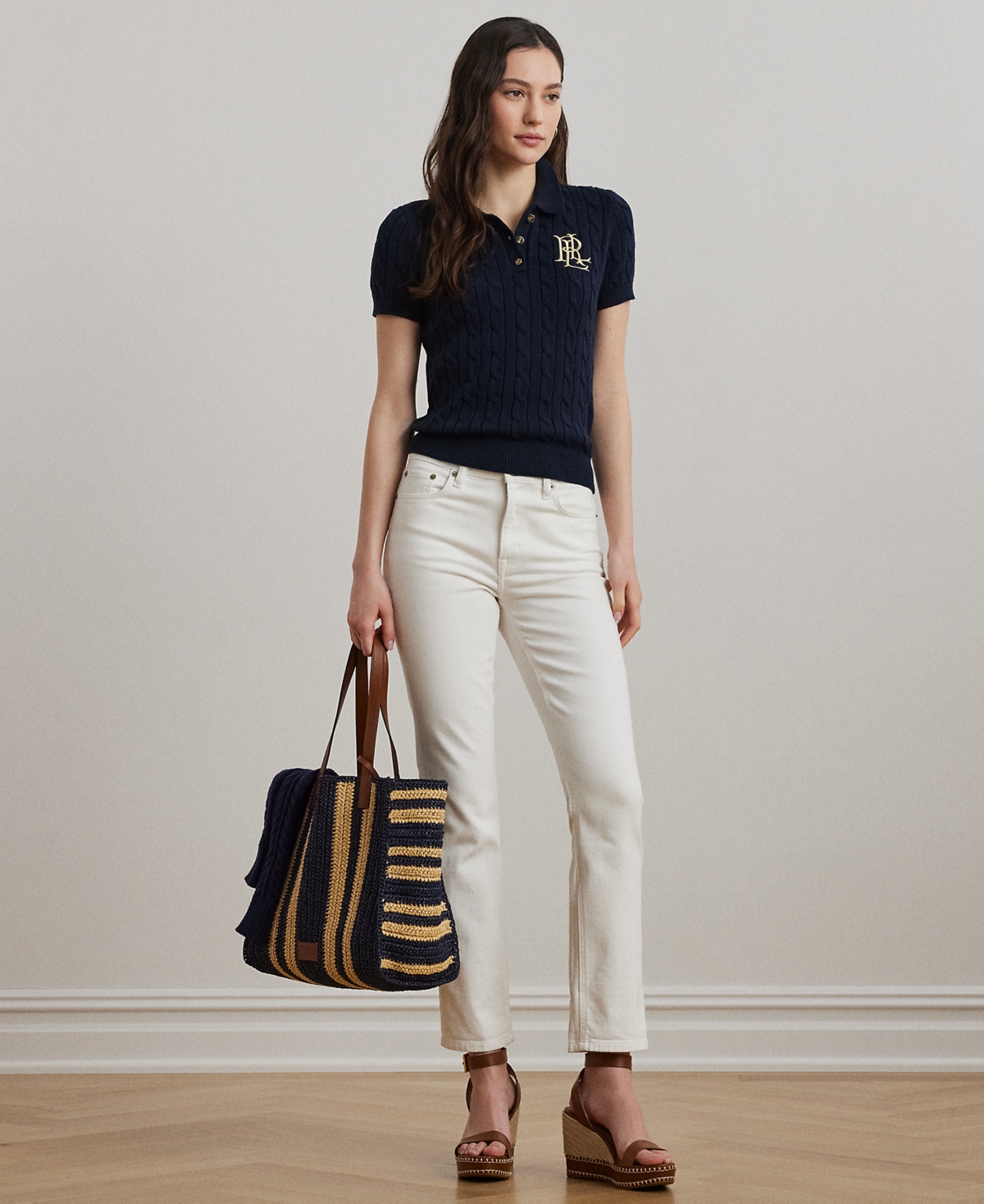 Lauren Ralph Petite Cable-Knit Polo Sweater