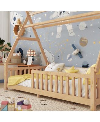 Twin House Bed with Light, Low Floor, Fence, Roof for Kids Boys Girls