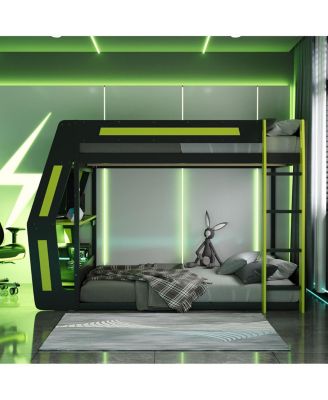 Full-Size Gaming Bunk Bed with RGB Desk, USB Ports, LED Strip & Cable Grommet