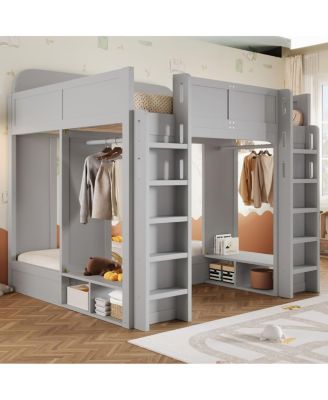 Triple Bunk Bed with Storage Shelves and Hooks