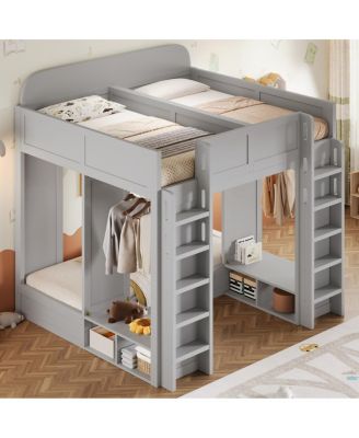 Triple Bunk Bed with Storage Shelves and Hooks