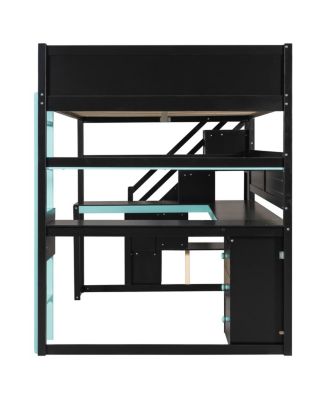 Full Size Wooden Gaming Loft Bed with Storage Stairs, Desk, Shelves & Pegboard, Black+Blue