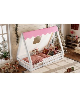 Twin Size House Floor Bed with Tent and Light, Solid Wood Teepee Bed