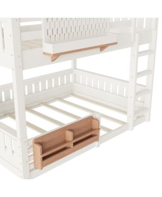 Queen Bunk Bed with Ladder, Guardrails, Pegboard & Bookshelf, Beige