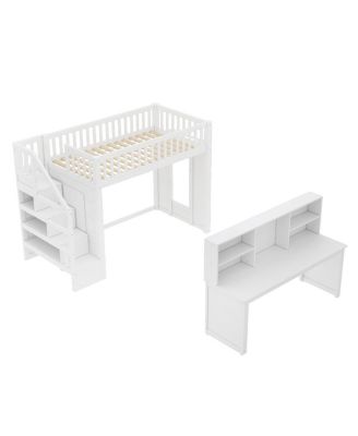 Twin Loft Bed with Desk, Storage Shelf & Stairs