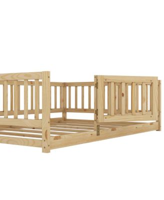 Full Size Montessori Floor Bed with Fence and Door, Oak