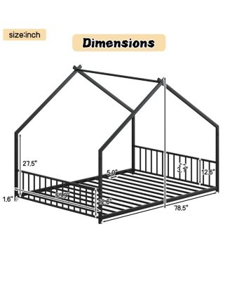 Children's Full Size Bed Frame with LED Lights, Roof-Shaped Iron, Black
