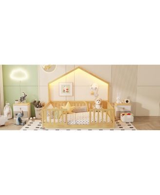 Full Floor Bed with High Rails, Wooden Montessori Bed with Light for Kids