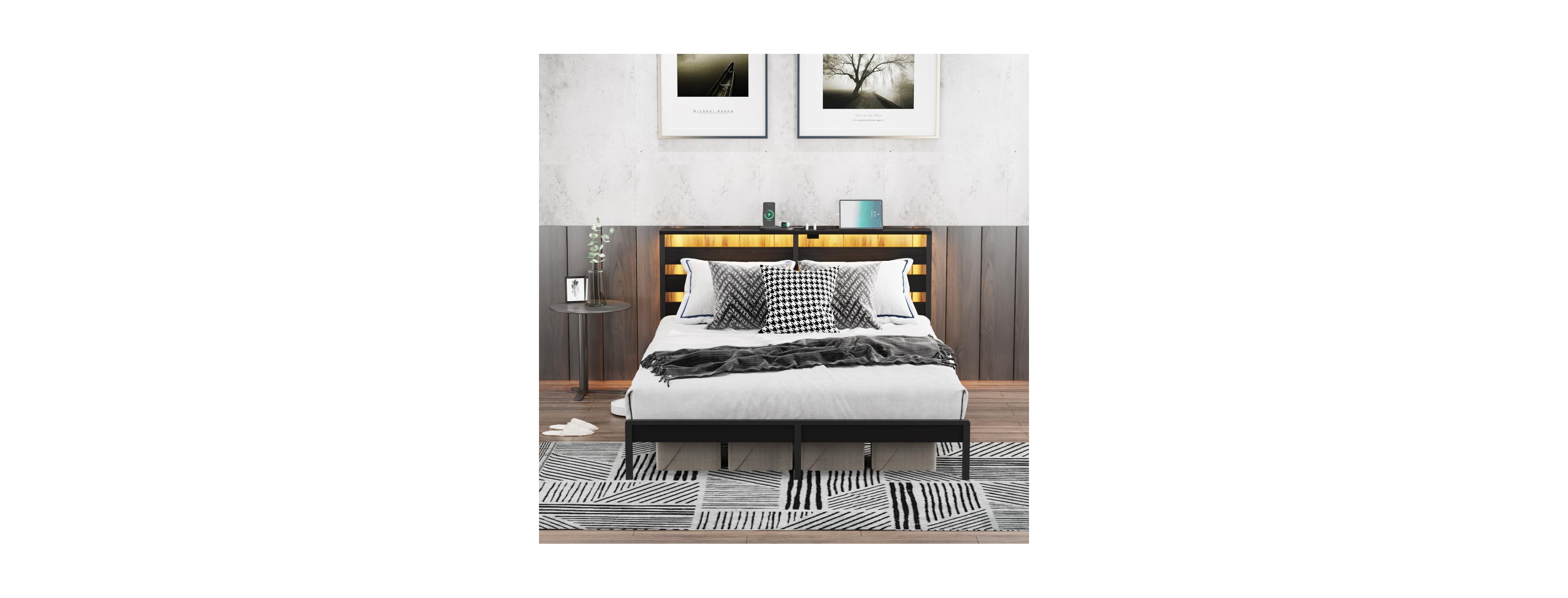 Streamdale Furniture Full Size Metal Platform Bed Frame w/ Usb, Led Lights, No Box Spring