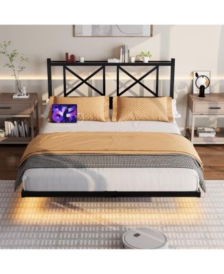 Full Size Floating Bed Frame with Headboard, USB & LED Lights