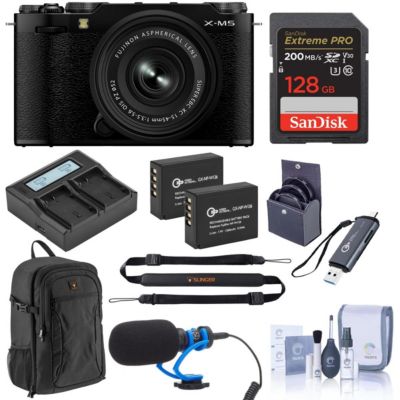 X-M5 Mirrorless Camera w/XC 15-45mm f/3.5-5.6 OIS PZ Lens, Black, Bundle with 128GB Memory Card, 2x Extra Battery, Shotgun Microphone, Card