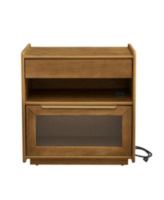 Mid Century Modern Nightstand with Charging Station & 2 Drawers