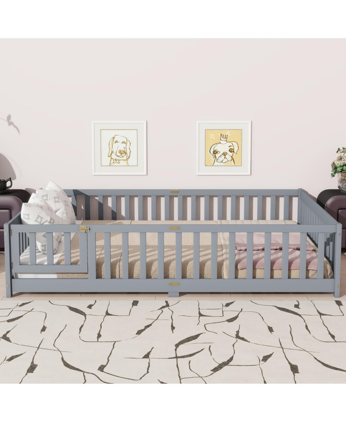 Streamdale Furniture Queen Floor Bed with Fence & Guardrails