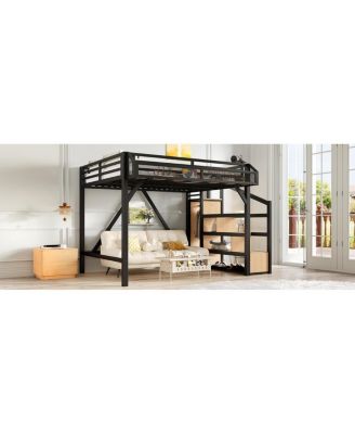 Full Loft Bed with Storage Stairs, Shelves, Wardrobe, USB, LED, Noise-Reduced
