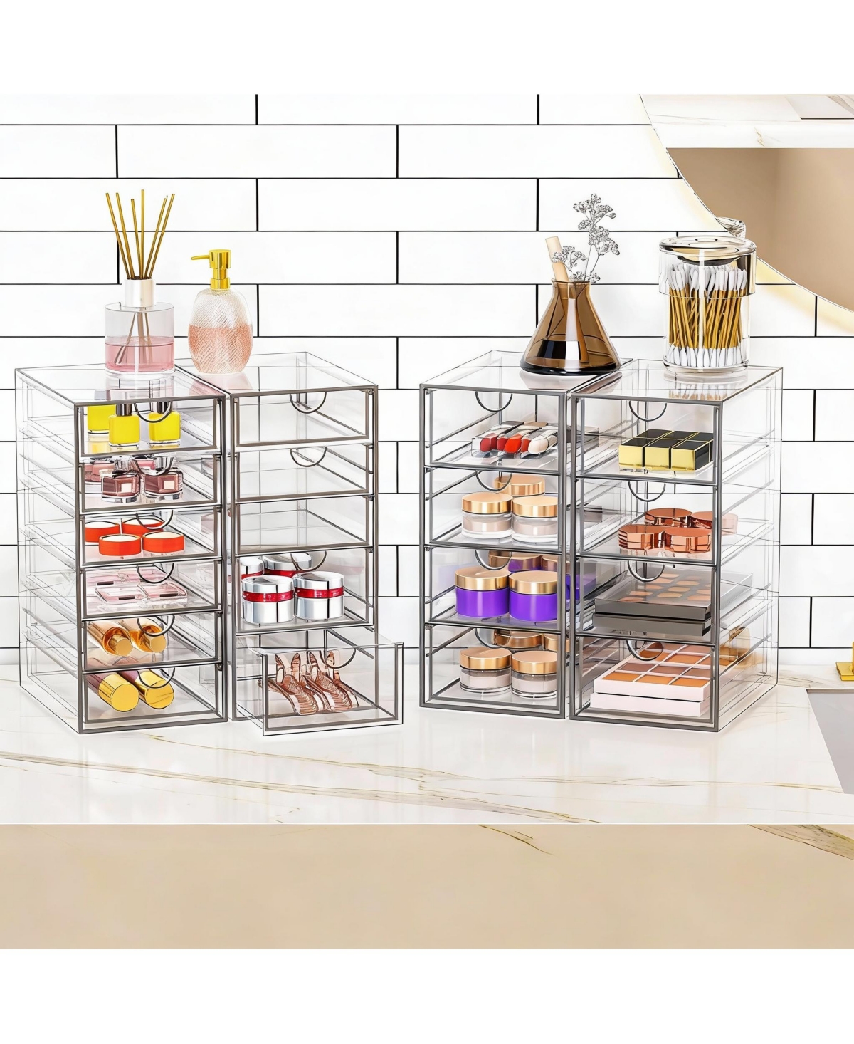 Yigii 4 Pack Acrylic Makeup Organizer with 19 Drawers for Bathroom & Vanity Storage