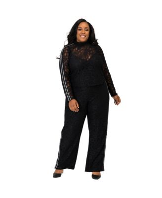 Plus Size Curvy Black Lace Stripe Snap Cuff Zip Turtleneck