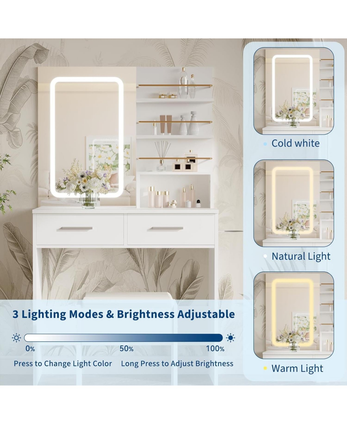 Gaomon Vanity Desk Mirror and Lights Makeup Vanity for Bedrooms, Apartments, Easy to Assemble