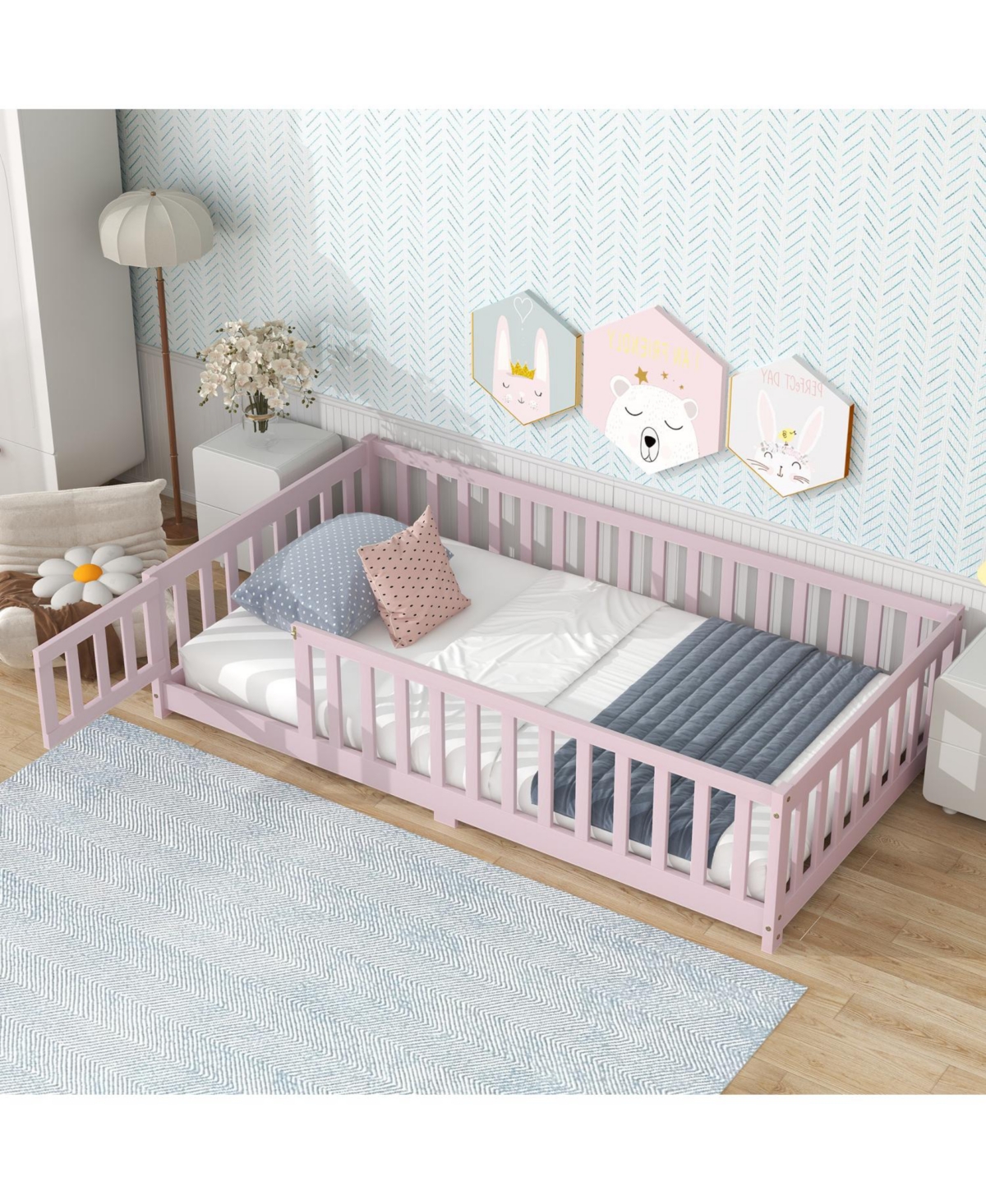 Streamdale Furniture Twin Floor Bed with Fence & Door