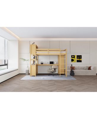  Wood Loft Bed with Cabinet, Bookshelf, Wardrobe & Desk, Queen Size