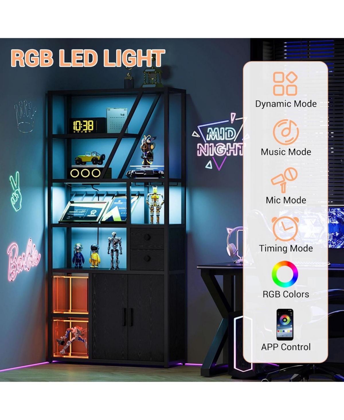gaomon Bar Cabinet with Led Lights, Tall Coffee Station Power Outlets and Rack