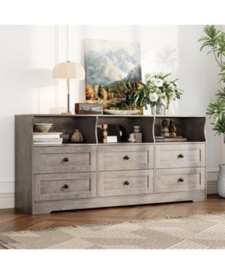 6 Drawer Dresser for Bedroom with Power Outlets & LED Light, Slim Wooden Chest of Drawers with Open Shelf