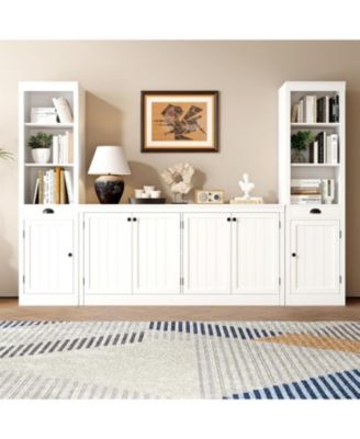 63" Buffet Sideboard with 4 Striped Door, Wooden Buffet Cabinet with Storage, Modern Coffee Bar Cabinet with Adjustable Shelf