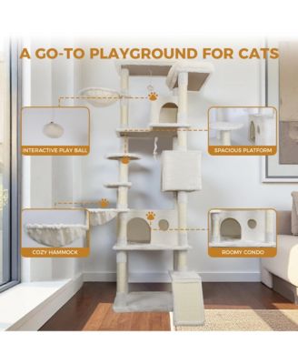 84in Beige Cat Tree Tower Large Condo Sisal Scratching Post Big Hammock Top Platform