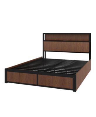 Large Wooden Platform Bed Frame with Storage & Socket