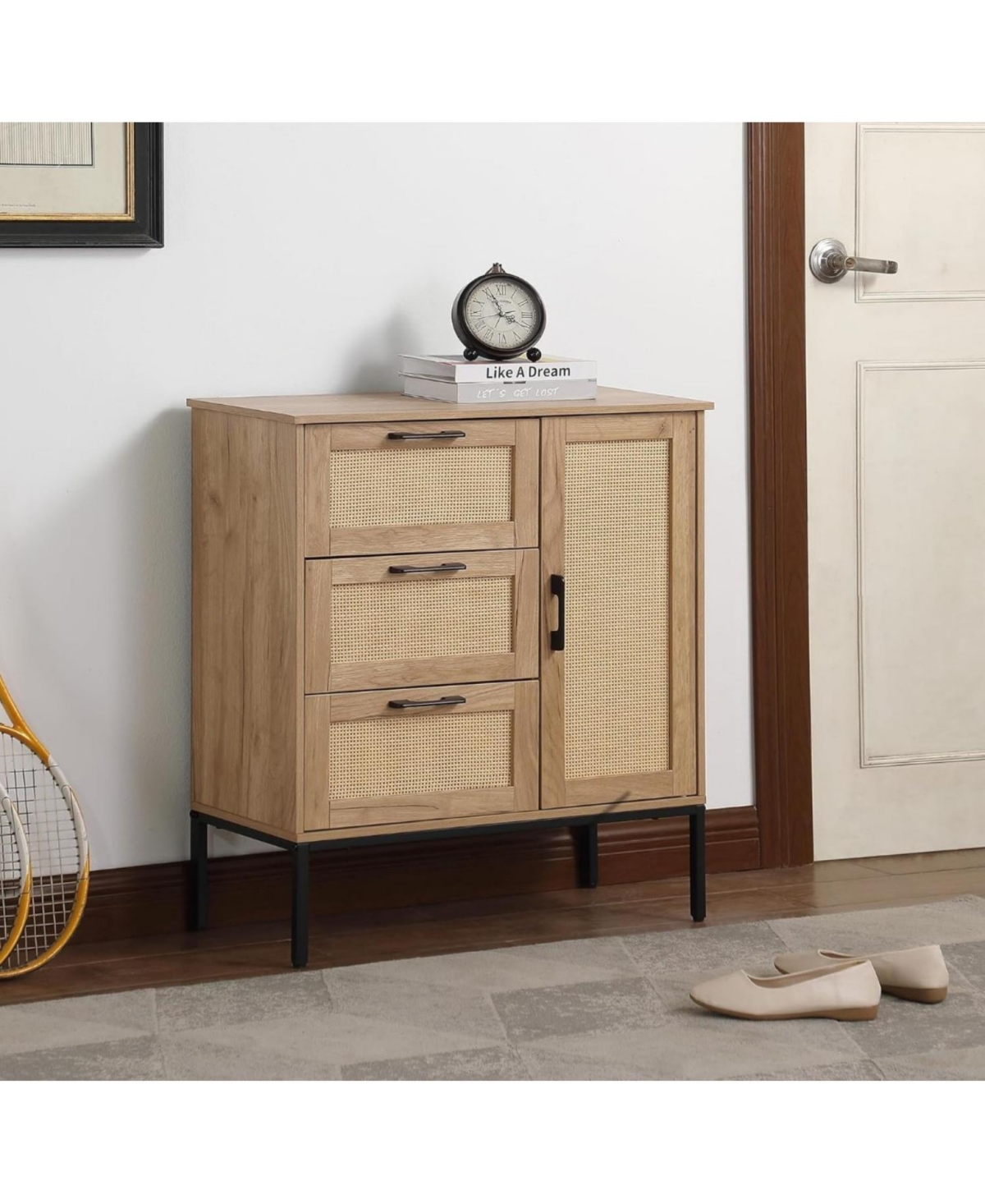 Streamdale Furniture Mid-Century Storage Cabinet- Rattan Doors, 3 Drawers, Adjustable Shelves