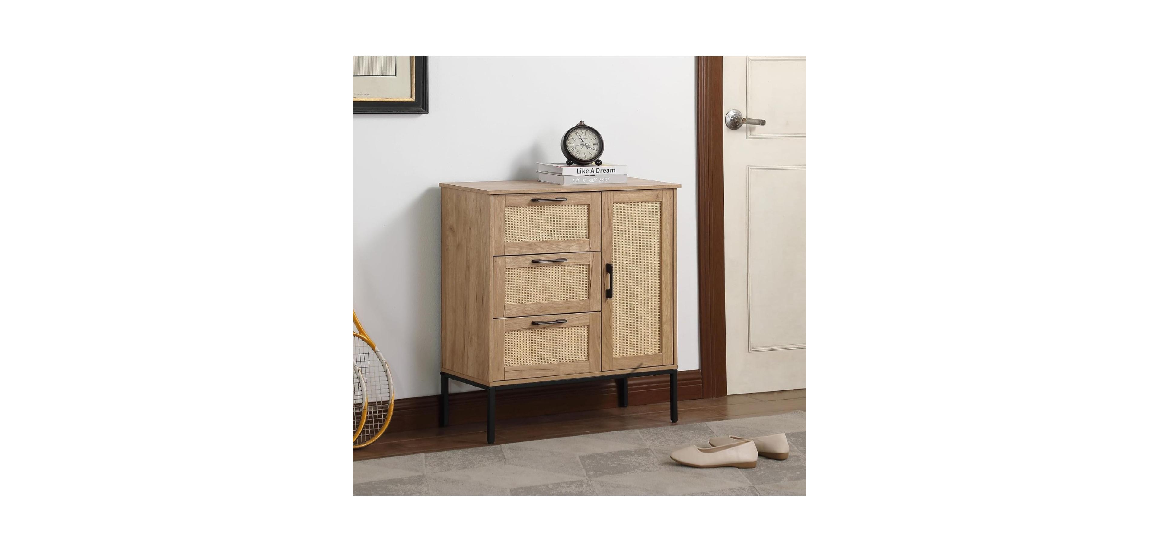 Streamdale Furniture Mid-Century Storage Cabinet- Rattan Doors, 3 Drawers, Adjustable Shelves