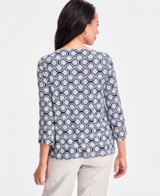 Women's Printed Keyhole-Neck Split-Sleeve Top