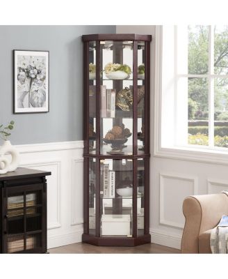 Streamdale Corner Lighted Curio Cabinet with Dark Cherry Finish and Included Light