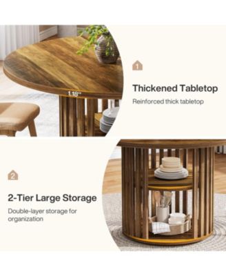 47-Inch Round Dining Table for 4, Farmhouse Kitchen Table with 2-Tier Storage Shelf and Solid Wood Base, Brown