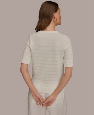 Women's Elbow-Sleeve Crew Neck Striped Sequin Sweater