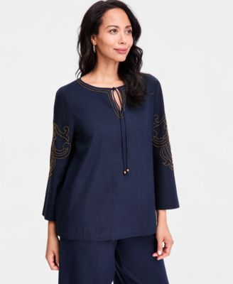 Women's Bead-Embellished Linen-Blend Top