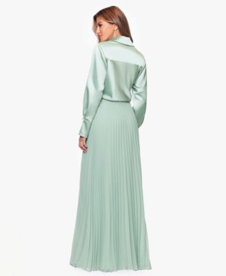 Women's Long Satin Long-Sleeves Collared Ball Gown