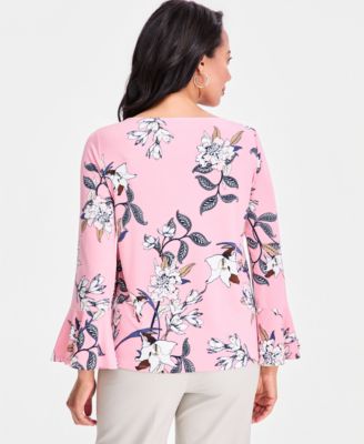 Women's Printed Boat-Neck Bell-Sleeve Top