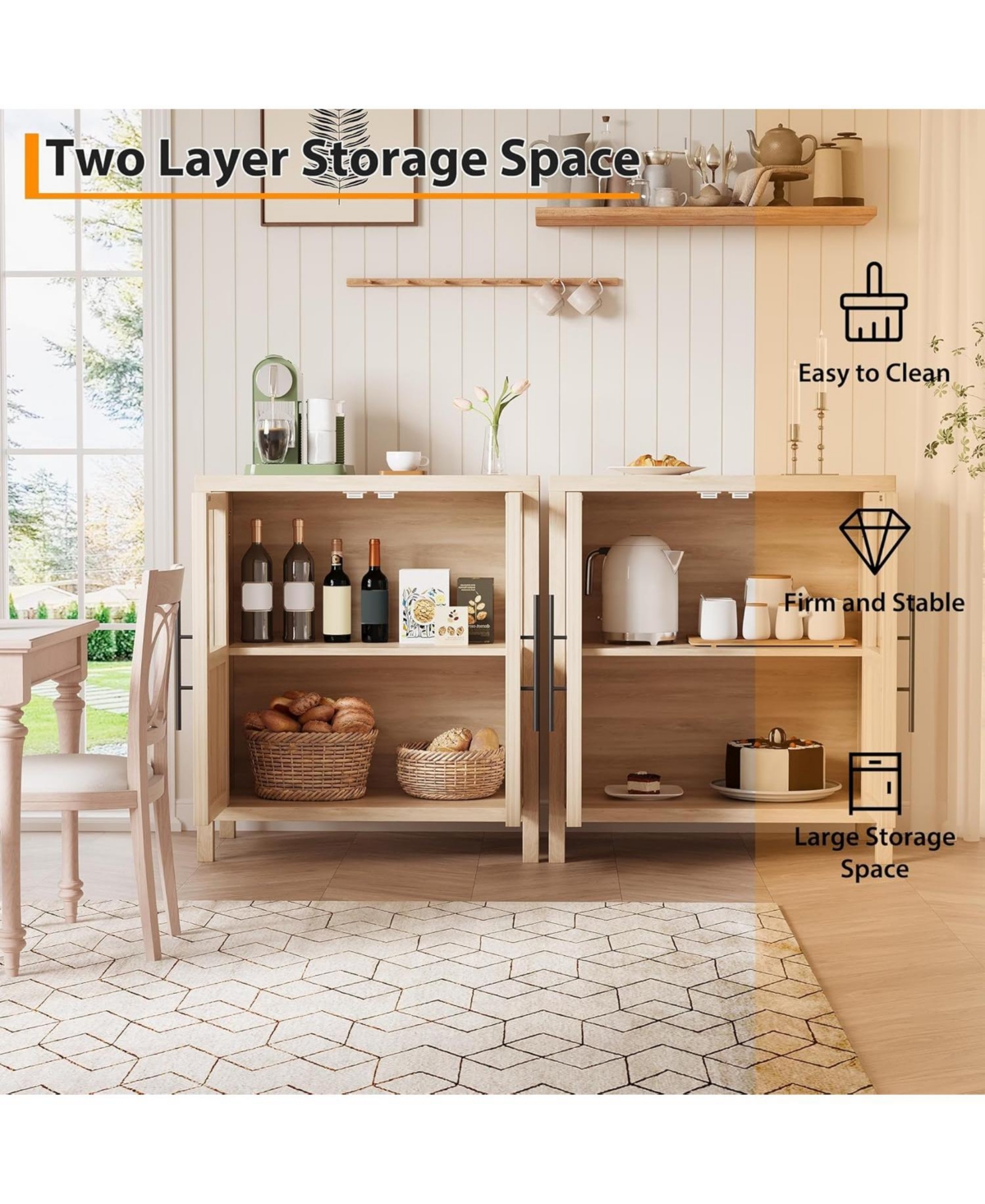 Gaomon Sideboard With 2 Glass Doors, 29" Large Buffet Cabinet With Solid Wood Countertop, Coffee Bar Cabinet With 2