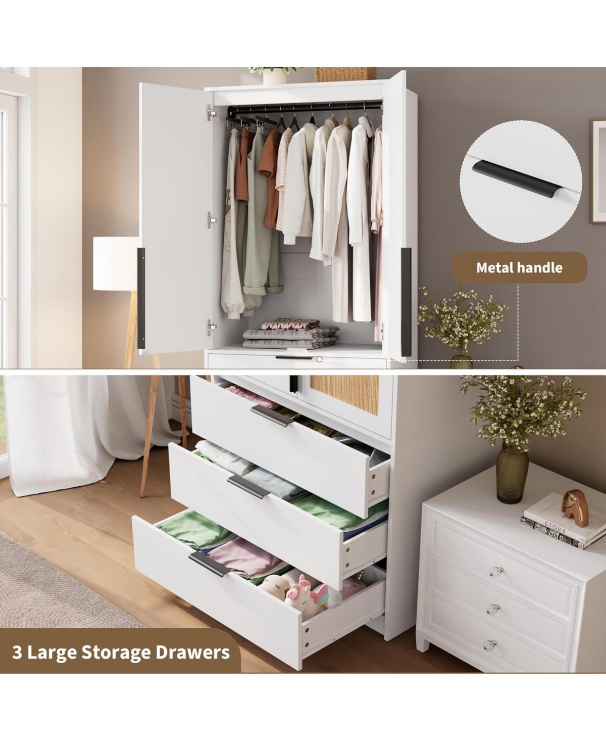 gaomon Garvee Armoire Wardrobe Closet, 69.5" Wooden Wardrobe Cabinet with 3 Drawers, Hanging Rod, 2 Doors Clothing Storage Cabinet for Bedroom