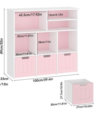 Toy Storage Cabinet with 3 Movable Drawers & 6 Cubes, Children's Toy Shelf Kids Bookshelf with Hidden Wheels