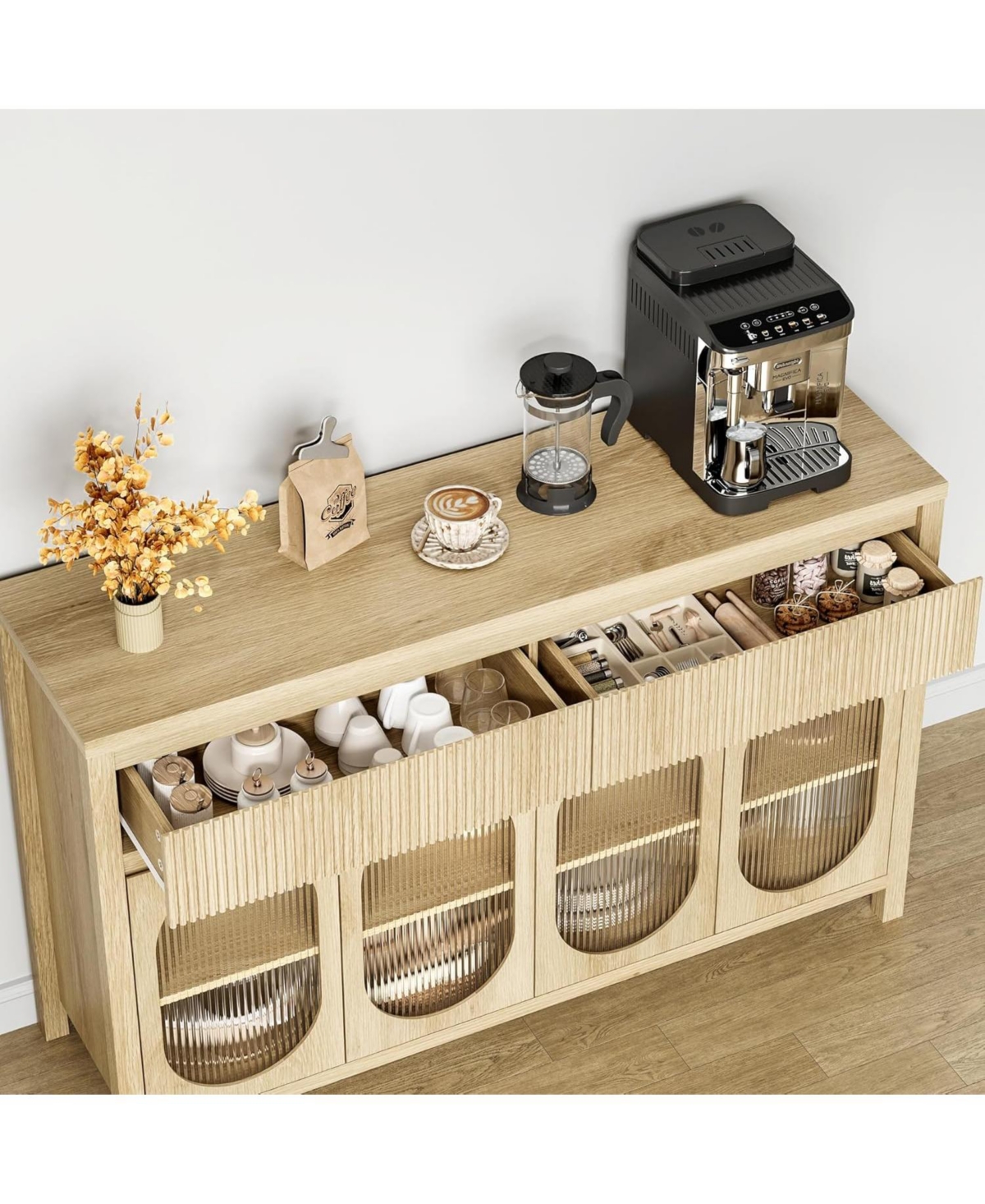 gaomon 55" Large Sideboard Buffet Cabinet with Storage and 2 Fluted Drawer Front, Buffet Table Coffee Bar Storage Cabinet with 4 Glass Doors