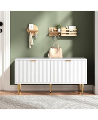 Shoe Cabinet, Fluted Entryway Bench with 2 Doors, Shoe Storage Bench for Hallway, Living Room