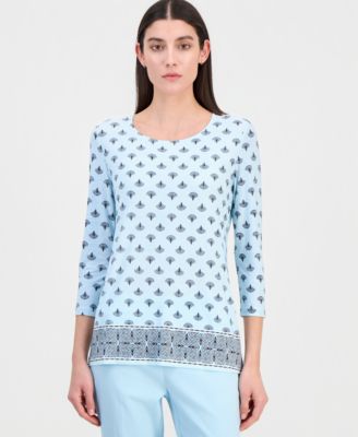 Women's Printed 3/4 Sleeve Scoop-Neck Jacquard Top