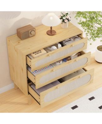 Rattan Drawer Dresser, 3 Wood Drawers Storage Cabinet Dresser for Bedroom