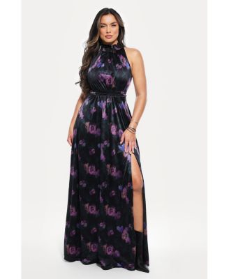 Women's Draped High Neck Sculpting Floral-Print Maxi Dress