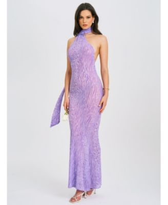 Women's Olena Purple Burnout Velvet Animal Print Mesh Halter Neck Maxi Dress