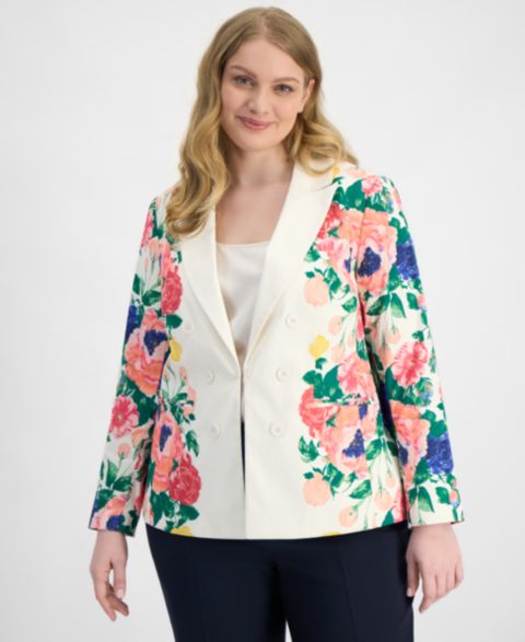 Женский пиджак Tahari ASL Plus Size Printed Faux Double-Breasted Blazer, цвет: Слоновая кость разноцветный